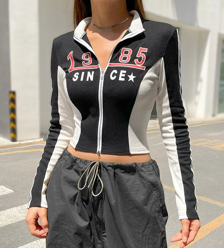 Streetwear Zipper Patchwork Autumn Jackets for Women Digital Printed Stand Collar Coat Slim Moto Style Outwear Casual