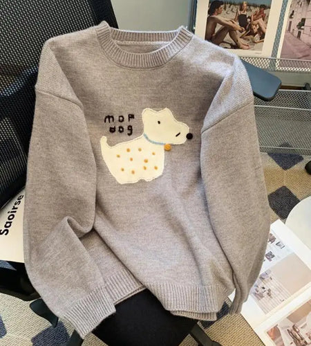 Sweet Beige Pink Puppy Embroidered Casual Sweaters Women Gray Round Neck Warm Long Sleeves Knit Pullover Tops Autumn Winter Chic