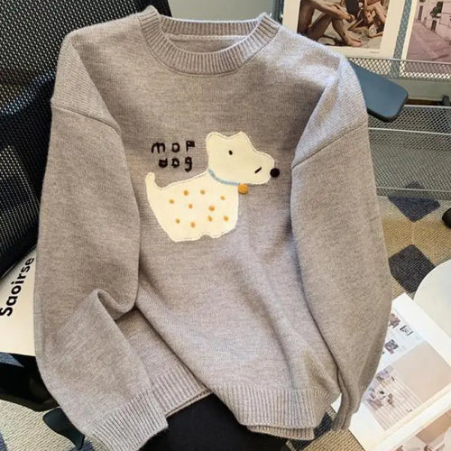 Load image into Gallery viewer, Sweet Beige Pink Puppy Embroidered Casual Sweaters Women Gray Round Neck Warm Long Sleeves Knit Pullover Tops Autumn Winter Chic

