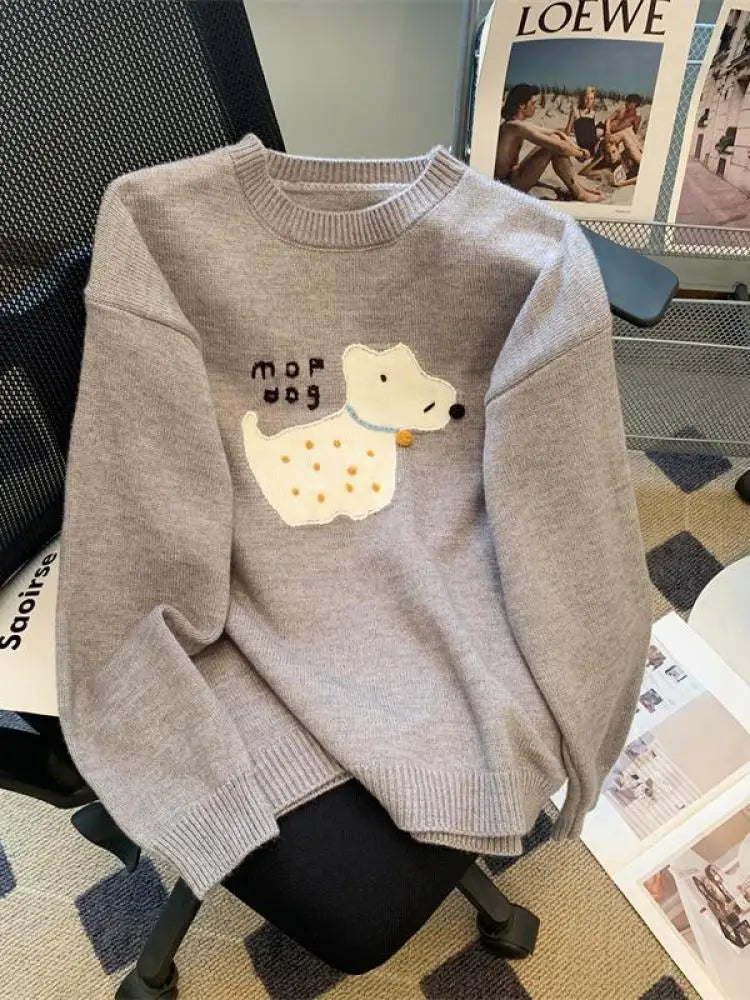 Sweet Beige Pink Puppy Embroidered Casual Sweaters Women Gray Round Neck Warm Long Sleeves Knit Pullover Tops Autumn Winter Chic