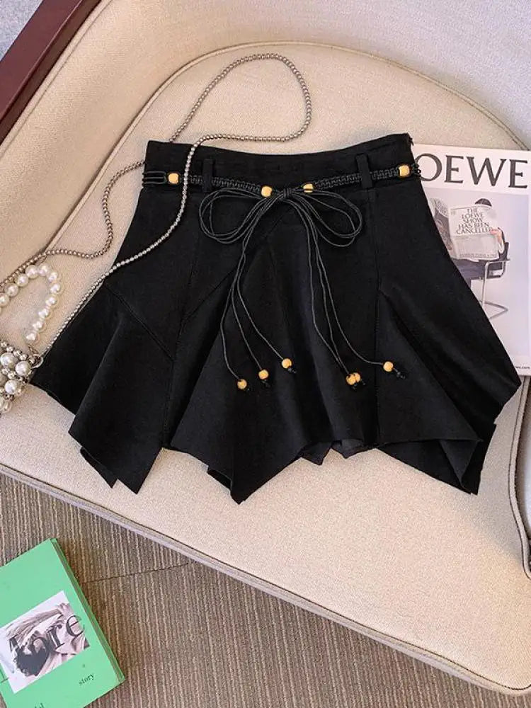 Autumn Winter Black Leather Pleated Mini Skirt Retro Woman 2024 Brown High Waist Sexy Club Bandage Irregular Short Pu Skirt Chic