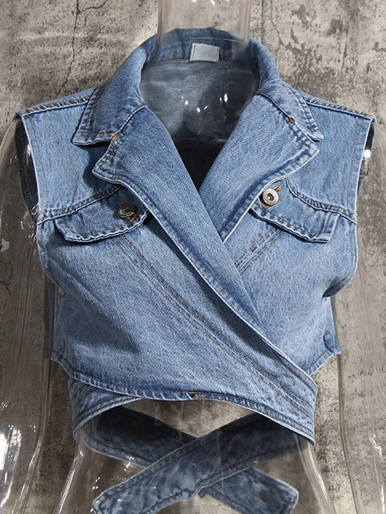 Women Blue Denim Irregular Blouse New Lapel Long Puff Sleeve Loose Fit Shirt Fashion Tide Spring Autumn 2025 1Z595