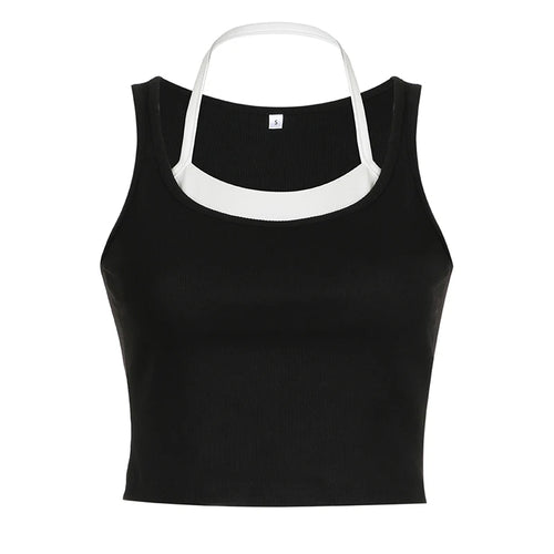 Load image into Gallery viewer, Streetwear Skinny Patched Halter Crop Top Women Basic Summer Camisole Casual Contrast Color Mini Tops All-Match Tanks
