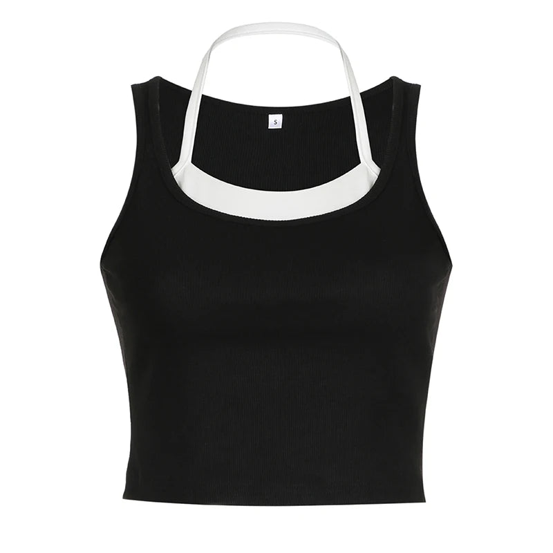 Streetwear Skinny Patched Halter Crop Top Women Basic Summer Camisole Casual Contrast Color Mini Tops All-Match Tanks