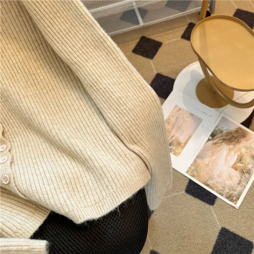 Load image into Gallery viewer, Women Beige Elegant Knitted Half High Neck Sweater Autumn Winter Pink Basic Slim Single Breasted Pullovers Tops Simplicity Retro
