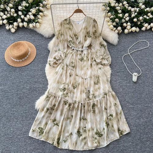 Load image into Gallery viewer, French Women Vintage Sweet Printed Birthday Evening Party Long Dresses Autumn New V Neck  Lantern Sleeves Pleated Dress Bohemian
