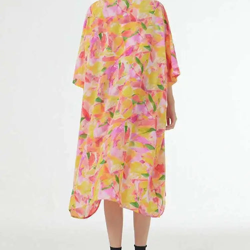 Load image into Gallery viewer, Women Blue Printed Big Size Midi Floral Dress New Stand Collar Short Sleeve Loose Fit Fashion Spring Summer 2025 1DF9379
