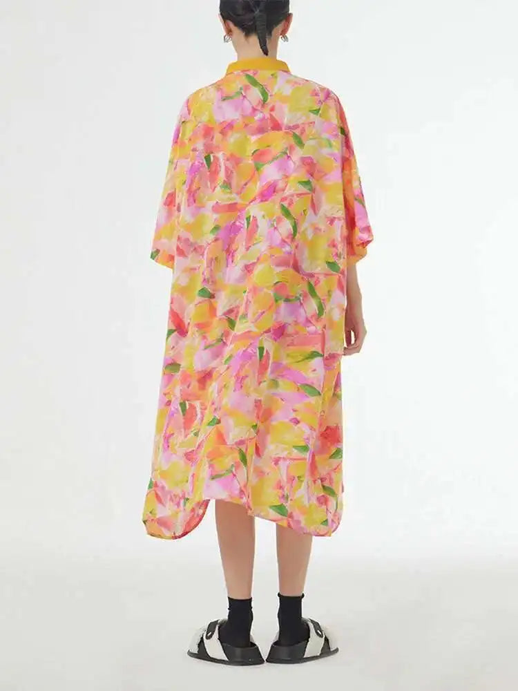 Women Blue Printed Big Size Midi Floral Dress New Stand Collar Short Sleeve Loose Fit Fashion Spring Summer 2025 1DF9379