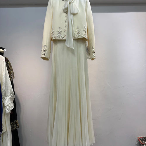 Load image into Gallery viewer, Two Piece Set For Women O Neck Long Sleeve Spliced Diamonds Coat Lace Up Sleeveless High Waist Dress Sets Female
