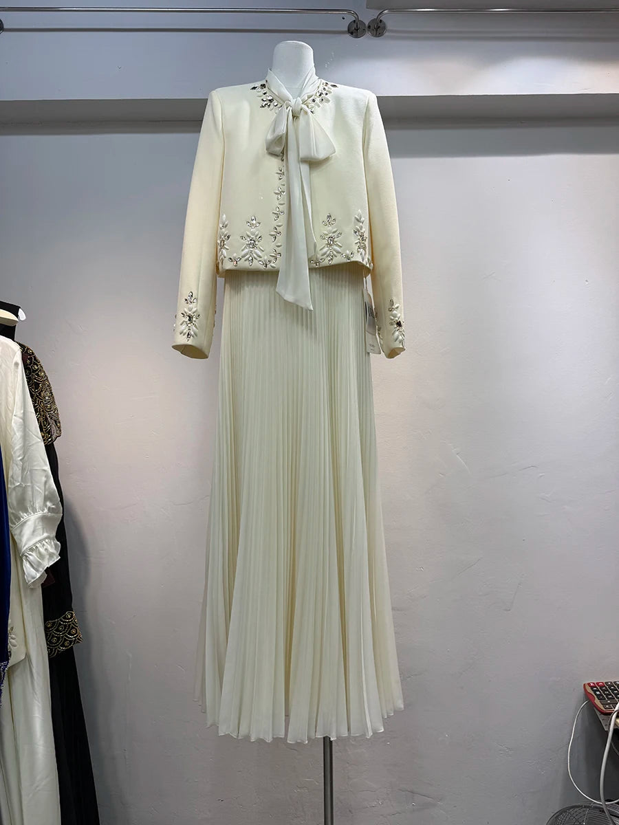 Two Piece Set For Women O Neck Long Sleeve Spliced Diamonds Coat Lace Up Sleeveless High Waist Dress Sets Female