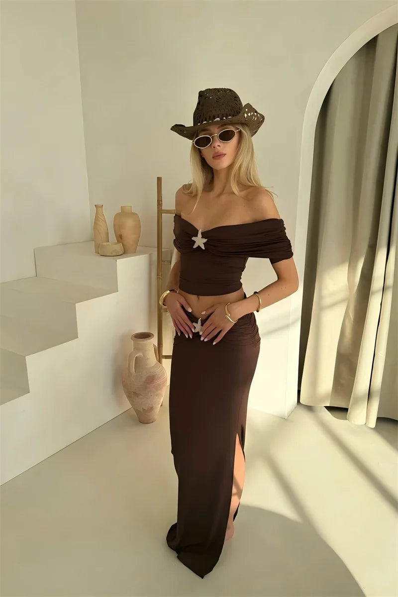 Sleeveless Sexy Skirt Two Pieces Sets Women Off-shoulder Crop Tops And Elegant Thigh Split Long Skirt Two Pieces Sets