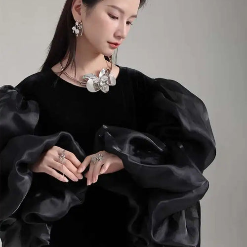 Load image into Gallery viewer, Women Black Organza Velvet Elegnat Big Size Dress New Round Neck Long Puff Sleeve Fashion Tide Spring Autumn 2025 1DH2248
