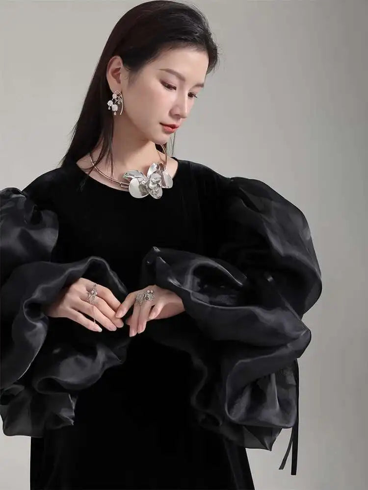 Women Black Organza Velvet Elegnat Big Size Dress New Round Neck Long Puff Sleeve Fashion Tide Spring Autumn 2025 1DH2248