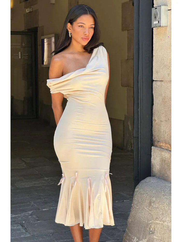 Elegant Irregular Tight Ruffle Edge Evening Dress Women's Sexy V-neck One Shoulder Dress Female Double Layer Party Club
