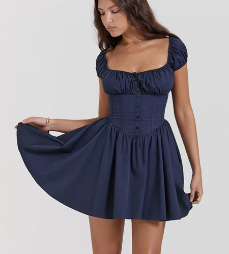 Square Collar Pleated Mini Dress For Women Navy Blue Fashion Short Sleeve Backless A-line Club Party Sexy Dress Elegant