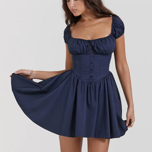 Load image into Gallery viewer, Square Collar Pleated Mini Dress For Women Navy Blue Fashion Short Sleeve Backless A-line Club Party Sexy Dress Elegant
