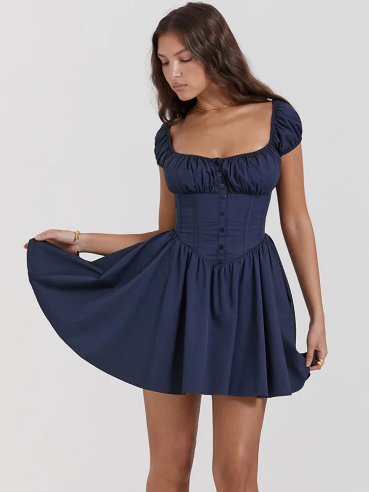 Square Collar Pleated Mini Dress For Women Navy Blue Fashion Short Sleeve Backless A-line Club Party Sexy Dress Elegant