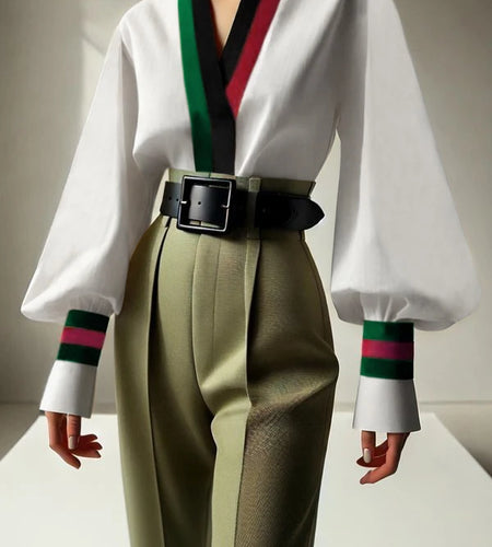 Women V-neck Blouses Shirts 2025 Spring Fall Long Sleeves Contrast Color Office Business Work Party Elegant Tops Lady