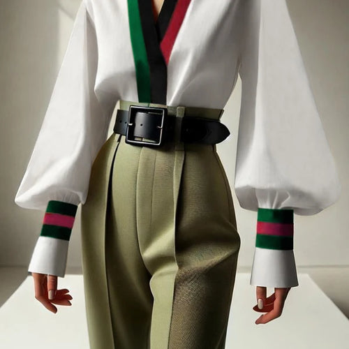 Load image into Gallery viewer, Women V-neck Blouses Shirts 2025 Spring Fall Long Sleeves Contrast Color Office Business Work Party Elegant Tops Lady
