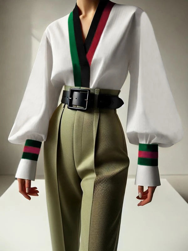 Women V-neck Blouses Shirts 2025 Spring Fall Long Sleeves Contrast Color Office Business Work Party Elegant Tops Lady