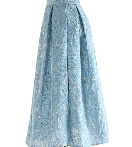 High Elastic Waist Blue Jacquard Textured Pleated A-line Half-body Skirt Women Fashion Tide New Spring Autumn 2025 1DJ1141
