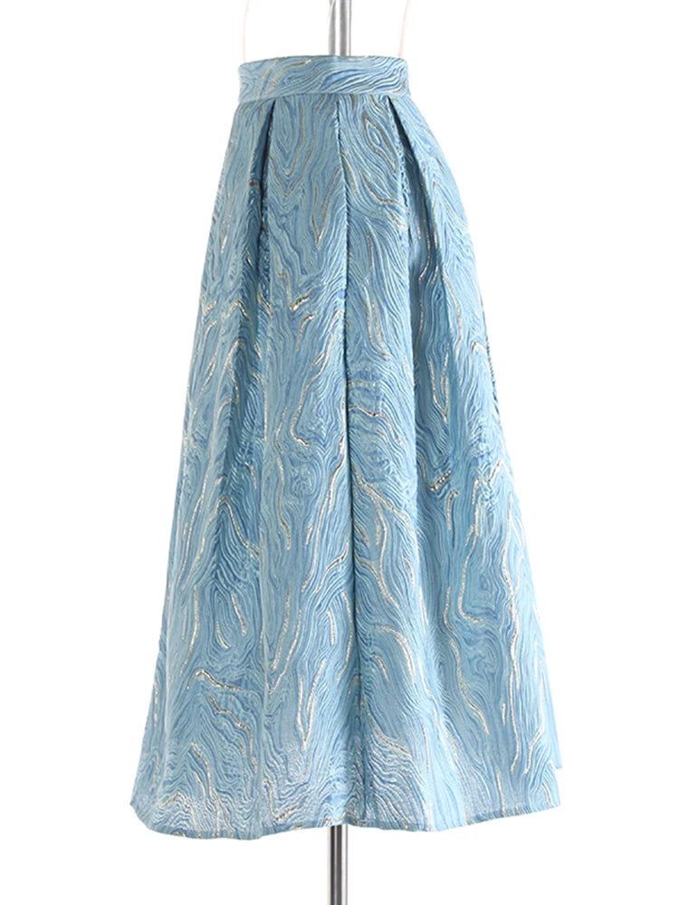 High Elastic Waist Blue Jacquard Textured Pleated A-line Half-body Skirt Women Fashion Tide New Spring Autumn 2025 1DJ1141
