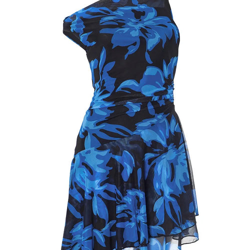 Load image into Gallery viewer, Blue Print Ruffled Sexy Mini Dress For Women Robe Irregular Oblique Shoulder Sleeveless Backless Club Party Dress Beach
