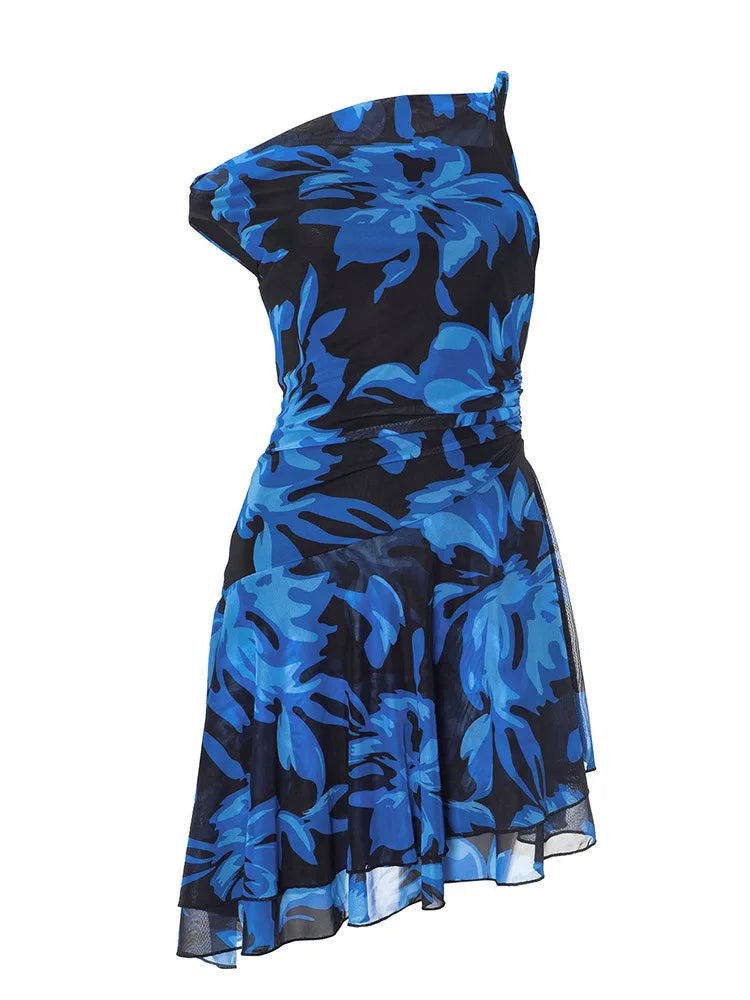 Blue Print Ruffled Sexy Mini Dress For Women Robe Irregular Oblique Shoulder Sleeveless Backless Club Party Dress Beach