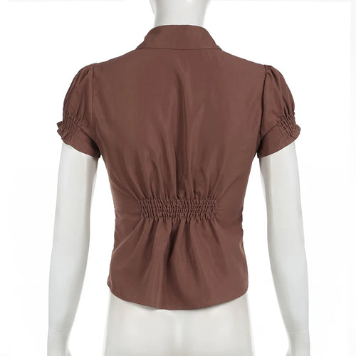 Load image into Gallery viewer, Fashion Chic Brown Summer Shirts Female Folds Slim-Waist Vintage Y2K Top Buttons Pleated Blouse Cropped Clothes 2024
