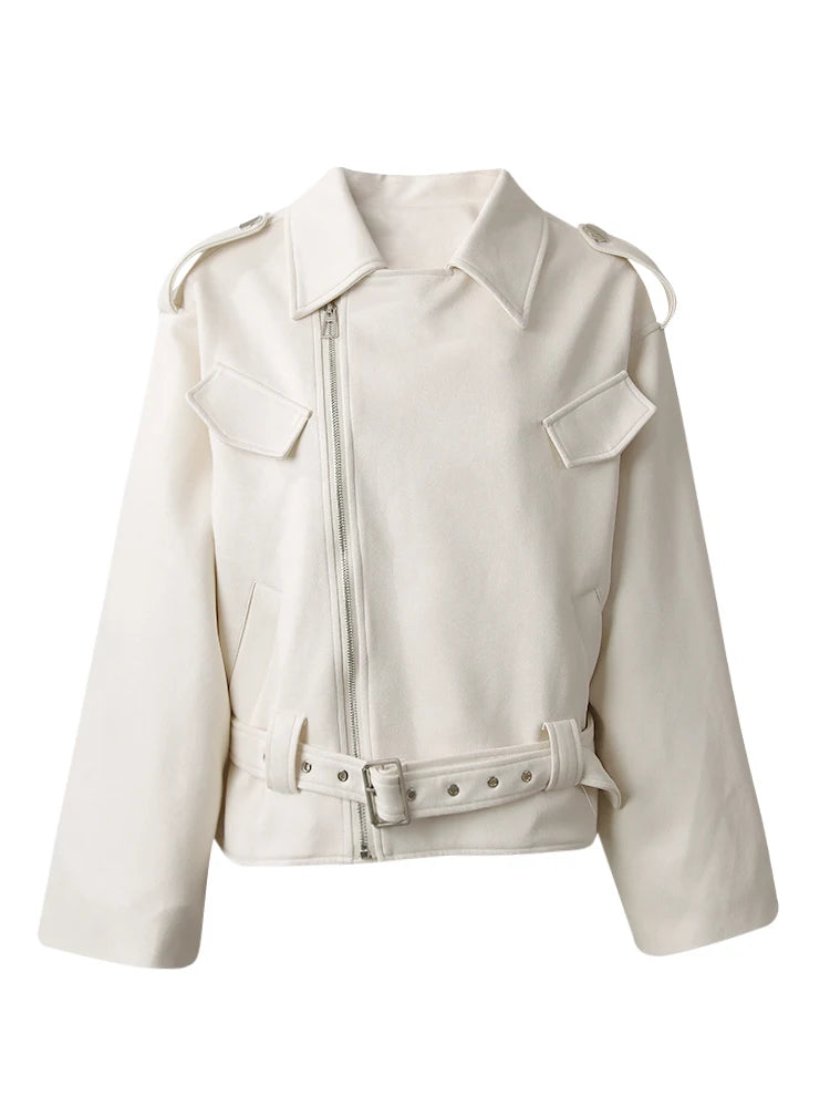 Beige Suede Belted Big Size Casual Jacket New Lapel Long Sleeve Women Coat Fashion Tide Spring Autumn 2025 1DH9701