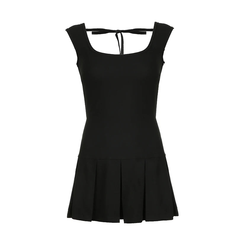 Fashion Backless Black Tie Up Sexy Dress Mini Korean Style A-Line Summer Dresses Female Y2K Clothes Sundress Elegant