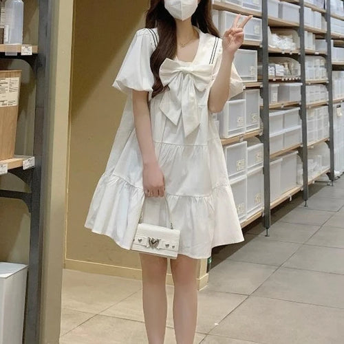 Load image into Gallery viewer, Sweet Kawaii School White Dress Women Japanese Preppy Style Sailor Collar Puff Sleeve Ruffles Dresses korean Summer
