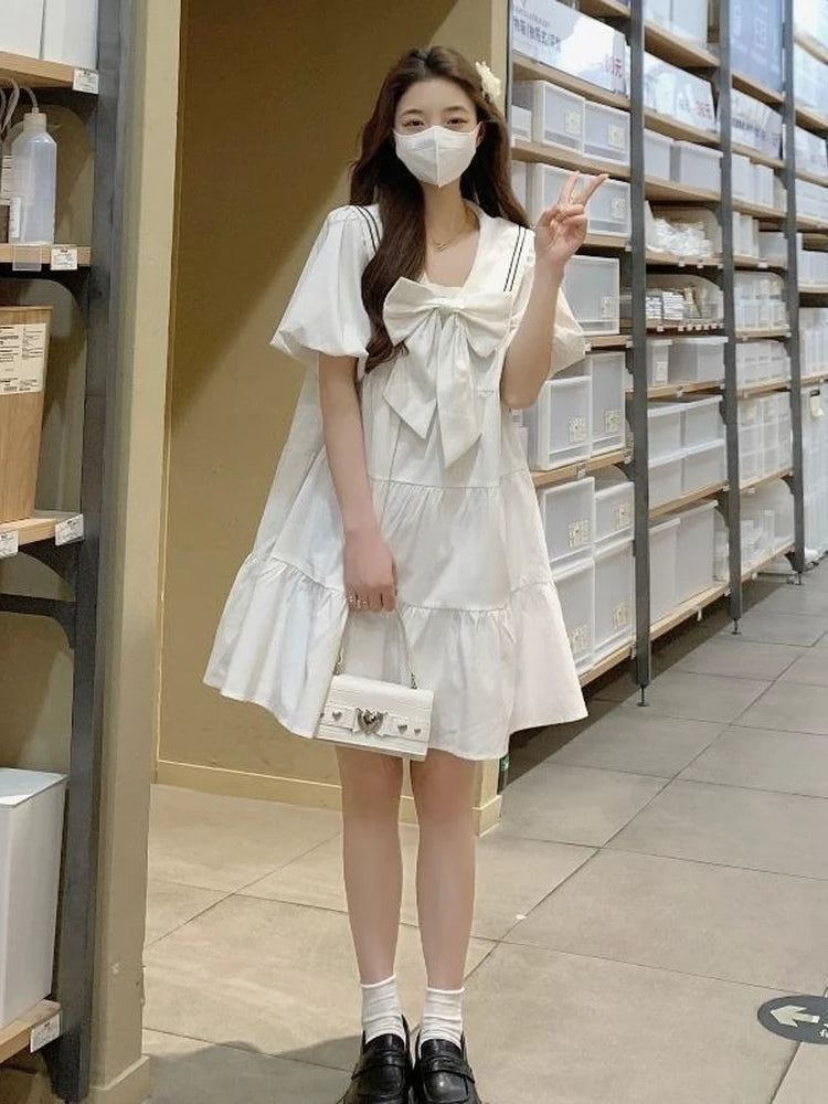 Sweet Kawaii School White Dress Women Japanese Preppy Style Sailor Collar Puff Sleeve Ruffles Dresses korean Summer