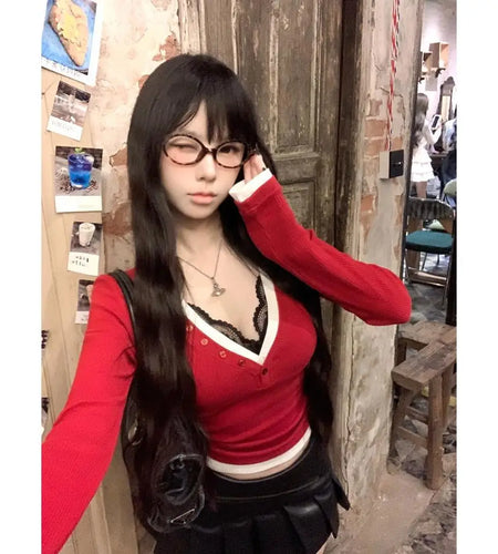 Deep V-neck Sexy T Shirts Women Patchwork Lace Tunic Tees Crop Tops Fake Two Tshirts Fashion Korean Y2k T-shirt 2024 Ropa Mujer