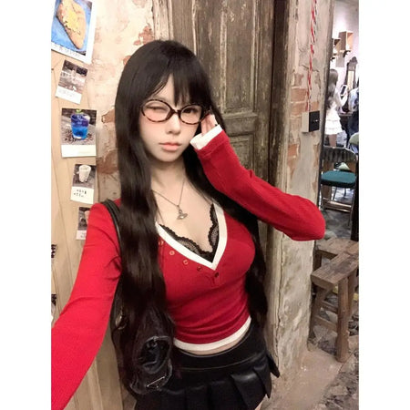 Deep V-neck Sexy T Shirts Women Patchwork Lace Tunic Tees Crop Tops Fake Two Tshirts Fashion Korean Y2k T-shirt 2024 Ropa Mujer