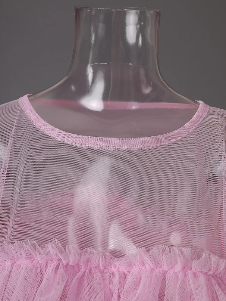 Mesh T-shirt Cake Half-body Skirt Two Pieces Suit New Round Neck Short Sleeve Women Fashion Spring Summer 2025 CPG3209