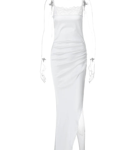 Stain Slips Patchwork Mesh Backless Draped Slit Elegant Sexy Slim Maxi Dress Spring Women Outfits Birthday Vacation Y2K