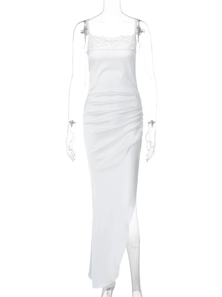 Stain Slips Patchwork Mesh Backless Draped Slit Elegant Sexy Slim Maxi Dress Spring Women Outfits Birthday Vacation Y2K