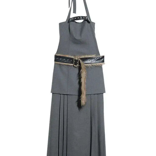 Load image into Gallery viewer, Women Geay Leather Hem Pleated Wool Belt Long Elegant Dress New Halter Sleeveless Fashion Tide Spring Autumn 2025 1DH7227
