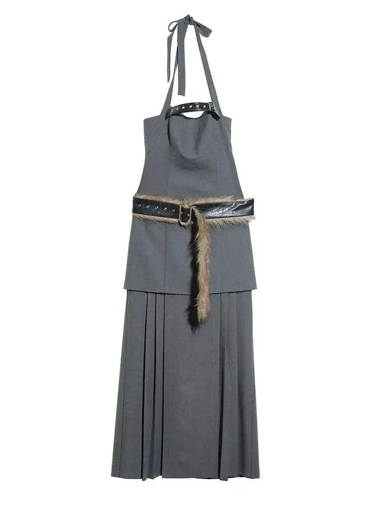 Women Geay Leather Hem Pleated Wool Belt Long Elegant Dress New Halter Sleeveless Fashion Tide Spring Autumn 2025 1DH7227