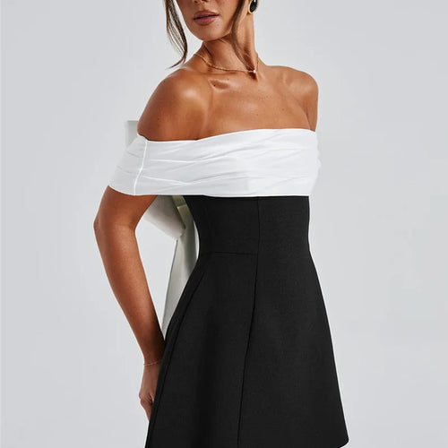 Load image into Gallery viewer, Bow Backless Sexy Mini Dress For Women Robe Elegant Off-shoulder Strapless Sleeveless A-line Club Sexy Dress Vestido
