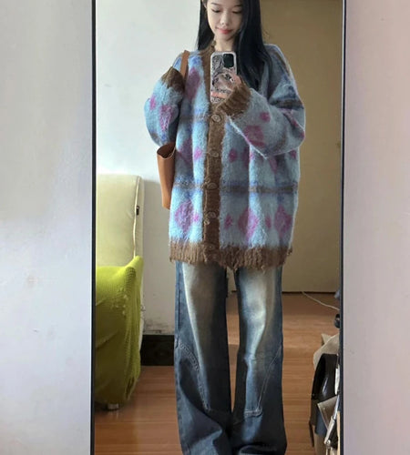 Y2k Aesthetic Contrast Color Jacquard Cardigan Women Oversized Vintage Hole Knitted Sweater Harajuku Single Breasted Streetwear