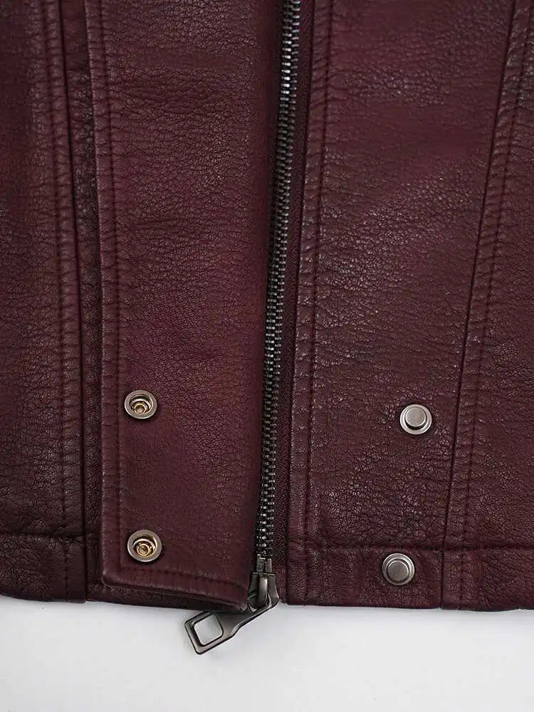 PU Leather Wine Red Vintage Big Size Jacket New Lapel Long Sleeve Women Coat Fashion Tide Spring Autumn 2025 CP6A0015