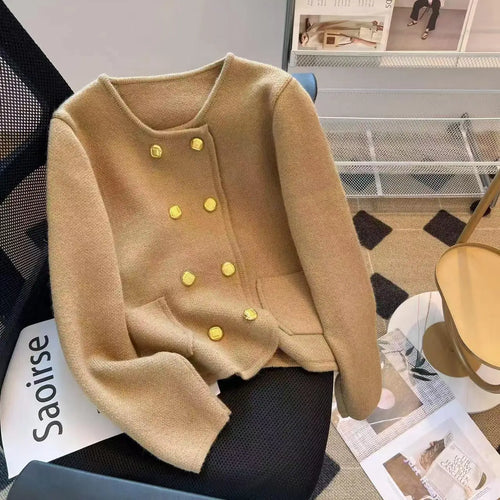 Load image into Gallery viewer, Autumn Winter Red White Long Sleeves Knitted Sweater French Women's Elegant Brown Double Breasted Versatile Pullover Tops Street
