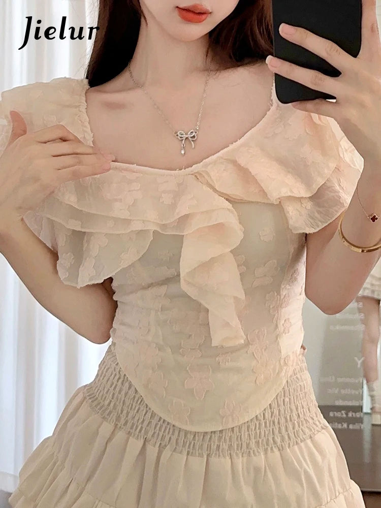 Slash Neck Lace Irregular Ruffles Fashion Women's Blouses Summer Solid Color Slim V-neck Chic Female Blouse Office Ladies