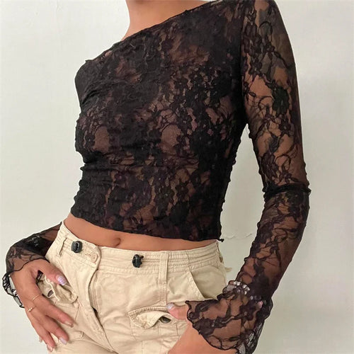 Load image into Gallery viewer, Women Lace Top y2k Clothing See Through Floral Hollow Out Round Neck Long Sleeve Ruffle Hem Mesh T Shirt Streetwear
