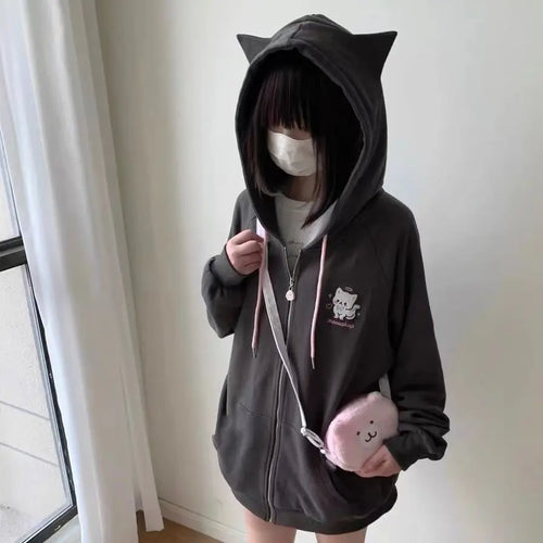 Load image into Gallery viewer, Cat Ear Hood Sweatshirts Coats Women Clothes Long Sleeve Striped Hoodies Y2k Tops 2024 Ropa Mujer Casual Fashion Japanese Hoodie
