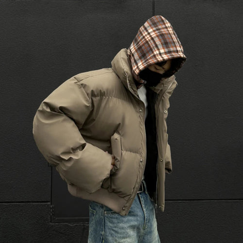 Load image into Gallery viewer, Korean Style Men&#39;s Padded Jackets Hooded Plaid Woolen Patchwork Contrast Color Detachable Hat Casual Male Coats New 9C9088
