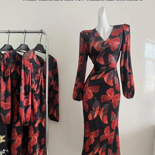 Load image into Gallery viewer, French Fashion Women New Red Print Long Sleeve Velvet Dress Autumn Winter V-neck Elegant High Waist Slim Holiday Wrap Hip Dress
