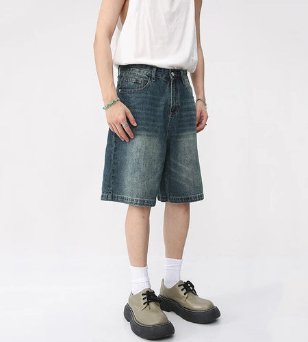 Summer Denim Shorts Men's Loose Korean Style Retro Short Jeans Fashion Washed Casual Knee Length Pant Streetwear 9A8588
